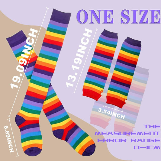 Womens Rainbow Socks, Knee High Socks Arm Warmer Gloves | Soft Breathable Fabric, Stretchy Cuff, Long Tube Fingerless, Colorful Striped, Party Stage Match, Holiday Dress Up
