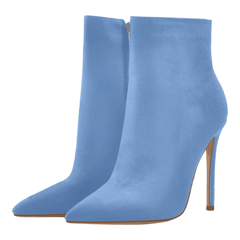 Women Pointed Toe 10CM Thin High Heel Ankel Booties Side Zipper Red Blue Big Size Female Handmade Boots