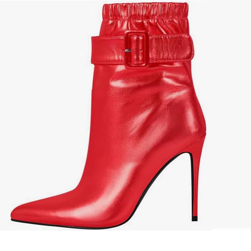 Women Pointed Toe 10CM Thin High Heel Ankel Booties Side Zipper Red Blue Big Size Female Handmade Boots