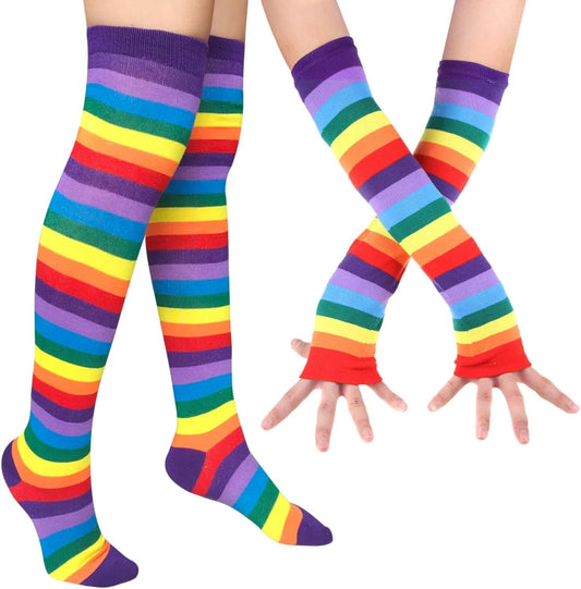Womens Rainbow Socks, Knee High Socks Arm Warmer Gloves | Soft Breathable Fabric, Stretchy Cuff, Long Tube Fingerless, Colorful Striped, Party Stage Match, Holiday Dress Up