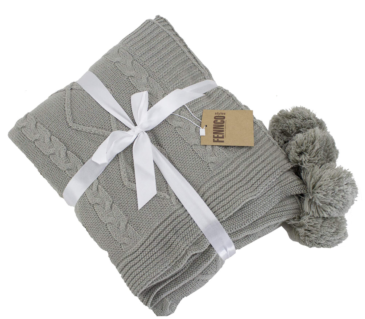 Fennco Styles Luxe Faux Fur Cable Knit Reversible Pom Pom Cozy Throw Blanket, 50" x 60" (Grey)