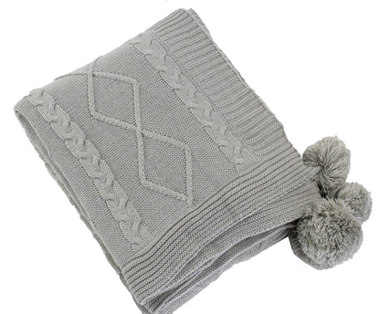 Fennco Styles Luxe Faux Fur Cable Knit Reversible Pom Pom Cozy Throw Blanket, 50" x 60" (Grey)