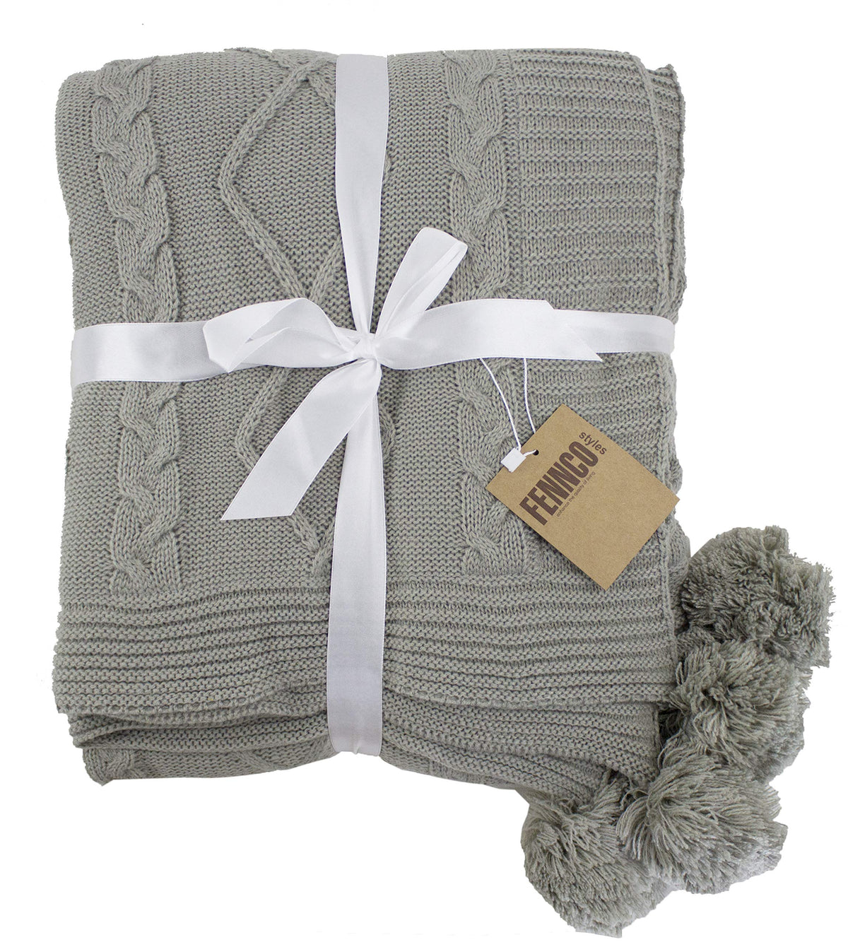 Fennco Styles Luxe Faux Fur Cable Knit Reversible Pom Pom Cozy Throw Blanket, 50" x 60" (Grey)