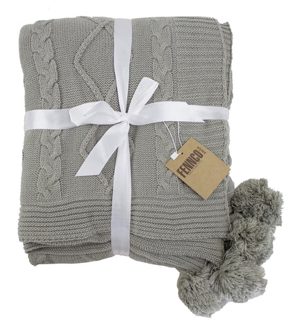 Fennco Styles Luxe Faux Fur Cable Knit Reversible Pom Pom Cozy Throw Blanket, 50" x 60" (Grey)