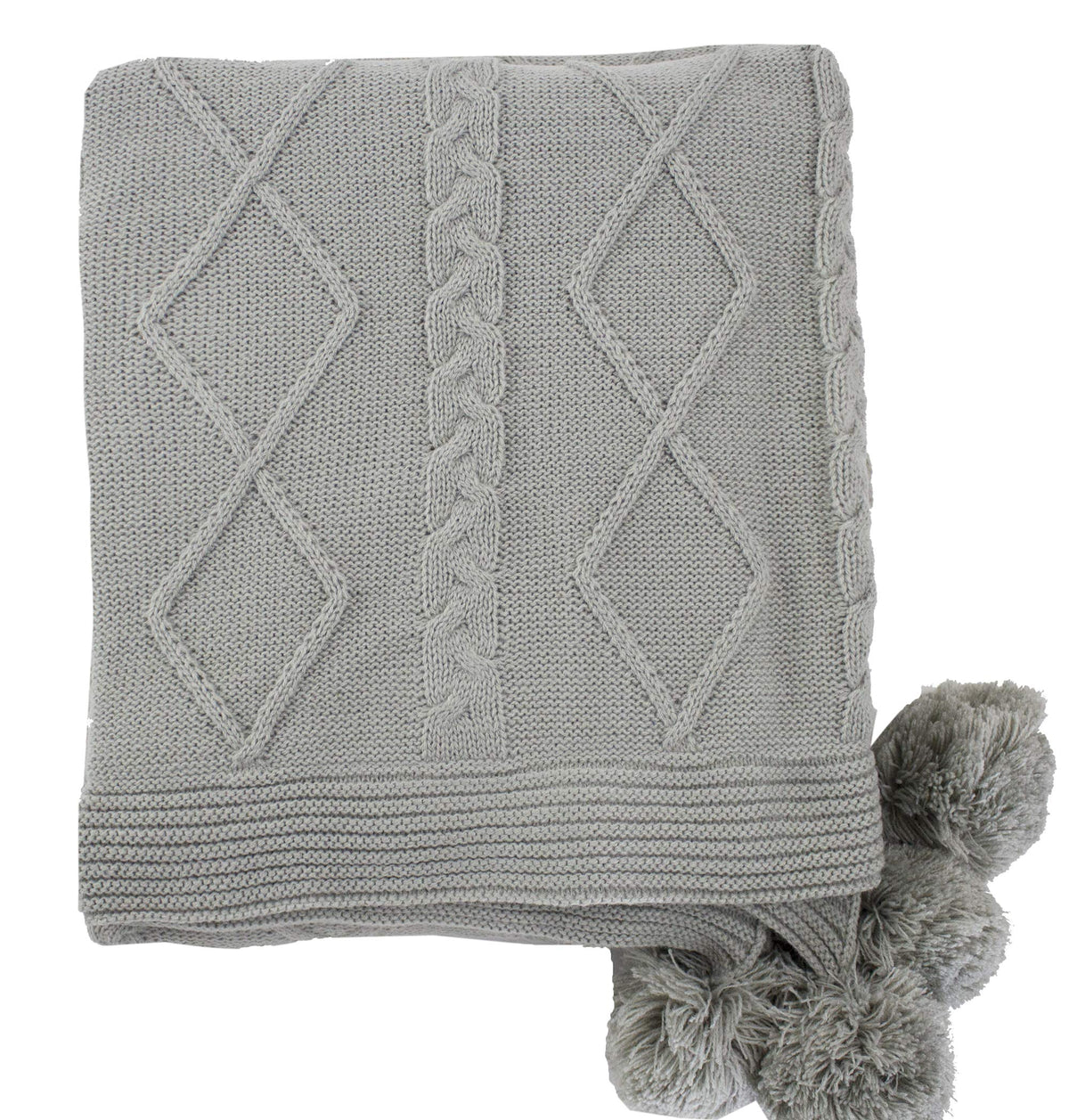 Fennco Styles Luxe Faux Fur Cable Knit Reversible Pom Pom Cozy Throw Blanket, 50" x 60" (Grey)