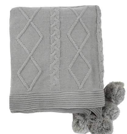 Fennco Styles Luxe Faux Fur Cable Knit Reversible Pom Pom Cozy Throw Blanket, 50" x 60" (Grey)