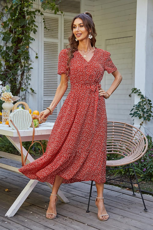 Women'S Summer Floral Boho Maxi Dress Short Sleeve Wrap V Neck Ruffle Long Flowy Beach Wedding Guest Dresses